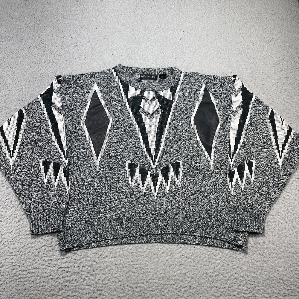 Vintage Montello Sweater Mens Medium Gray Aztec Geometric Knit Leather Crewneck‎